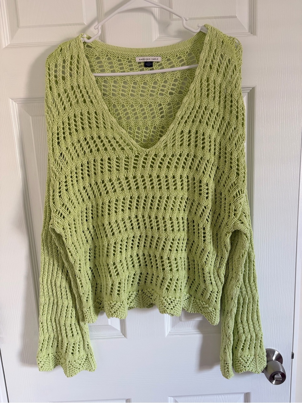American Eagle Outfitters Light Green Open-Knit V-Neck Sweater